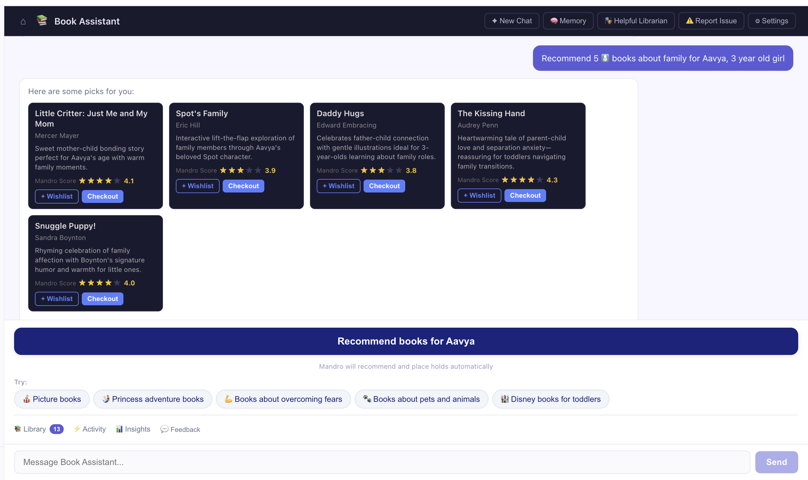 Mandro Book Assistant showing AI book recommendations